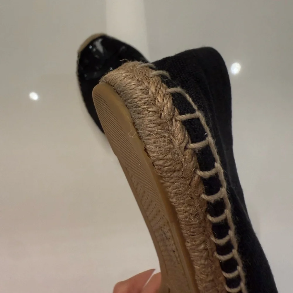 Tory Burch Poppy‎ Espadrille Flats Black Canvas Patent Leather Logo 10M